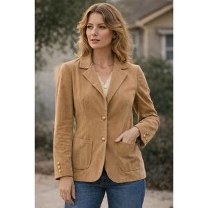 Vtg 1970s Women’s Tan Corduroy Blazer Jacket Academia Style Two Button Sz M